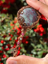 Load image into Gallery viewer, Ruby in kyanite with Ruby and blue kyanite gem accents wire wrapped pendant key necklace