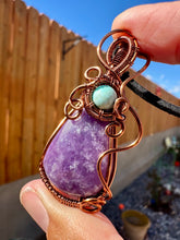 Load image into Gallery viewer, Reserved for Rene Lepidolite with Sky Turquoise Gem Inclusions Wire Wrapped Pendent Necklace