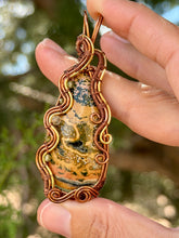 Load image into Gallery viewer, Artisan cab (positive rock) ocean jasper with peridot, prehnite, citrine gem accents wire wrapped pendant necklace