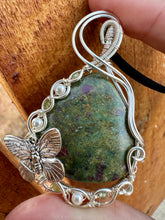 Load image into Gallery viewer, Reserved for Denise a Ruby in Fuchsite with Pearl, Prehnite Gem Inclusions Wire Wrapped Pendent Necklace