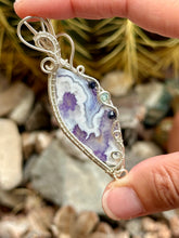 Load image into Gallery viewer, Artisan cab (positive rocks) purple aurora opal with plume agate doublet with onyx + blue kyanite gem accents wire wrapped pendant necklace