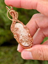 Load image into Gallery viewer, Pink scolecite with peach moonstone + rose quartz gem accents wire wrapped pendant necklace