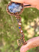 Load image into Gallery viewer, Iolite with moonstone + lapis lazuli gem accents wire wrapped skeleton key pendant necklace
