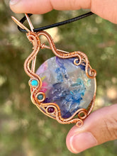 Load image into Gallery viewer, ARTISAN STONE (adit stones) Rainbow Plume agate with turquoise, blue apatite, amethyst gem accents wire wrapped pendant necklace