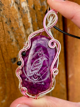 Load image into Gallery viewer, Reserved for cassandra h DUO TONED WIRE + DESIGNER STONE (etched by Marina Rabinskaya) Dragon Vein Agate with strawberry quartz + onyx inclusions Wire wrapped pendant