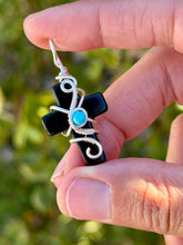 Load image into Gallery viewer, Obsidian cross with turquoise gem accent wire wrapped pendant necklace