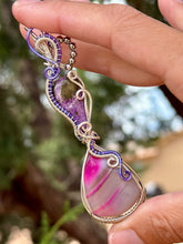 Load image into Gallery viewer, Stichtite with pink agate double decker wire wrapped pendant necklace