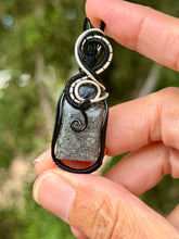 Load image into Gallery viewer, Black sunstone with charoite gem accent wire wrapped pendant necklace