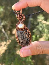 Load image into Gallery viewer, Flower obsidian with pearl gem accents wire wrapped pendant necklace