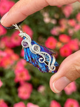Load image into Gallery viewer, RESERVED FOR TAMMI g Titanium aura black kyanite with amethyst Wire wrapped pendant