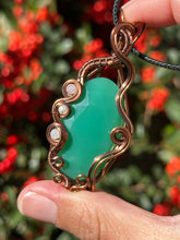 Load image into Gallery viewer, Faceted green onyx with moonstone + pearl gem accents wire wrapped pendant necklace