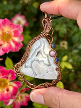 Load image into Gallery viewer, Reserved for Ann C White Tube Agate (cab by positive rocks) with sodalite + lepidolite inclusions wire wrapped talisman pendant necklace
