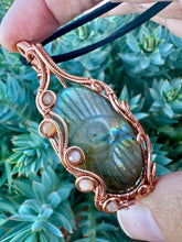 Load image into Gallery viewer, Reserved for Mariela Carved Labradorite Evil eye with Gem inclusions Wire Wrapped Pendent Necklace