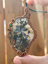 Load image into Gallery viewer, RESERVED FOR CHERI F Dendritic agate (etching by Marina Rabinskaya) with turquoise and garnet gem inclusions wire wrapped pendant talisman necklace