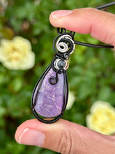 Load image into Gallery viewer, Stichtite with Larvikite gem accent wire wrapped pendant necklace