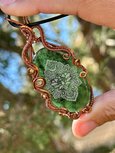 Load image into Gallery viewer, artisan cab (Marina Rabinskaya) serpentine with lotus design with prehnite + citrine gem accents wire wrapped pendant necklace