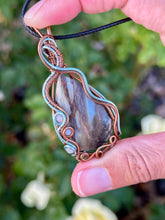 Load image into Gallery viewer, ARTISAN STONE (positive rocks) Common Blue Opal with Angelite + moonstone gem accents wire wrapped pendant necklace