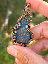 Load image into Gallery viewer, Artisan cab (johari gems) half polished azurite/malachite with sodalite + green mica gem accents wire wrapped pendant necklace