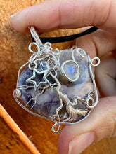 Load image into Gallery viewer, Reserved for Laura p Purple Morado Opal Tree of Life + Moonstone Wire Wrapped Pendent Necklace