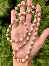Load image into Gallery viewer, 18” Pink jasper gold metal beaded stretch necklace + pink jasper + gold metal bracelet (6.75”) SET