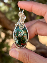 Load image into Gallery viewer, Green chrysocolla with green fluorite gem accent wire wrapped pendant necklace