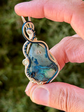Load image into Gallery viewer, Artisan stone (positive rocks) blue crazy lace agate with aquamarine gem accent wire wrapped pendant necklace