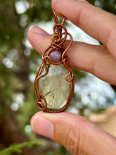 Load image into Gallery viewer, Prehnite with epidote with lilac quartz gem accent wire wrapped pendant necklace