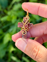 Load image into Gallery viewer, Red jasper mini cross with garnet gem accent wire wrapped pendant necklace