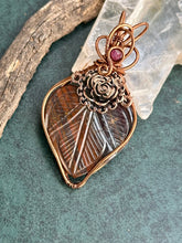 Load image into Gallery viewer, Reserved for Susanna m DESIGNER CAB Carved Tiger’s Iron (hematite + tigers eye + red jasper mix) with Ruby Inclusion Wire wrapped pendant