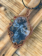 Load image into Gallery viewer, RESERVED FOR CHERI F Dendritic agate (etching by Marina Rabinskaya) with turquoise and garnet gem inclusions wire wrapped pendant talisman necklace