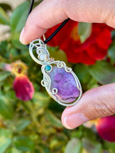 Load image into Gallery viewer, Pink cobalt calcite with moonstone + turquoise  gem accent wire wrapped pendant necklace