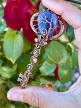 Load image into Gallery viewer, Lepidolite tree of life with sodalite + Rhodonite gem accents wire wrapped skeleton key pendent