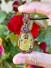 Load image into Gallery viewer, Atlantasite with amethyst gem accent wire wrapped pendant necklace