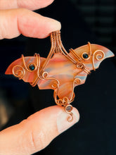Load image into Gallery viewer, Artisan cab (positive rock) carnelian bat with onyx + obsidian gem accents wire wrapped pendant necklace