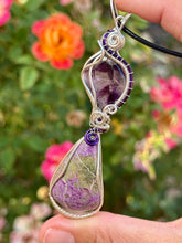 Load image into Gallery viewer, Trapiche amethyst with atlantasite double wire wrapped pendant necklace