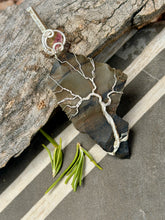 Load image into Gallery viewer, Gray Stripe Obsidian with Watermelon Tourmaline slice gem accent wire wrapped pendant necklace