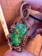 Load image into Gallery viewer, Reserved for Tanya r Green Mojave Turquoise with Hematie + Onyx gem inclusion Wire Wrapped Pendent Necklacet