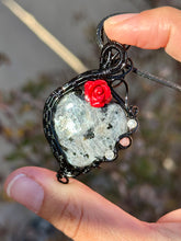 Load image into Gallery viewer, Larvikite with labradorite + strawberry quartz gem accents wire wrapped pendant necklace