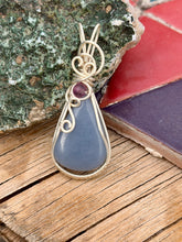 Load image into Gallery viewer, Angelite + purple fluoride gem accent wire wrapped pendant necklace