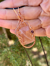 Load image into Gallery viewer, Faceted Peach moonstone with Ruby gem accent wire wrapped pendant necklace
