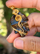 Load image into Gallery viewer, Tiger eye leaf with citrine gem accent wire wrapped pendant necklace