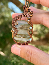 Load image into Gallery viewer, Garden quartz with tree agate + green aventurine gem accents wire wrapped pendant necklace