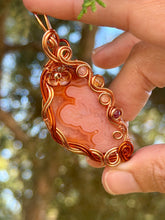 Load image into Gallery viewer, Artisan cab (positive rock) carnelian agate with citrine, sunstone, rose quartz, ruby gem accents wire wrapped pendant necklace