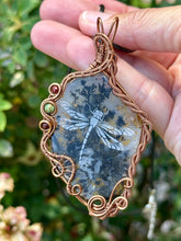 Load image into Gallery viewer, RESERVED FOR CHERI F Dendritic agate (etching by Marina Rabinskaya) with turquoise and garnet gem inclusions wire wrapped pendant talisman necklace