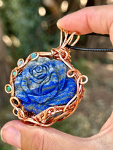 Load image into Gallery viewer, Reserved for Melanie R Lapis Lazuli Rose with gem inclusions Wire Wrapped Pendent Necklace