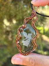 Load image into Gallery viewer, ARTISAN STONE (Marina Rabinskaya) Green Vesuvianite with rhodochrosite + peridot gem accents wire wrapped pendant necklace