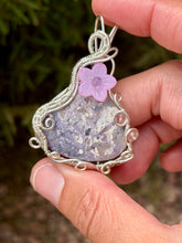 Load image into Gallery viewer, Purple morado opal with amethyst + strawberry quartz gem accents wire wrapped pendant necklace
