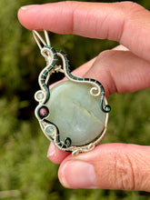 Load image into Gallery viewer, Aquamarine with blue kyanite + rhodonite gem accents wire wrapped pendant necklace