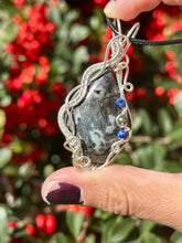 Load image into Gallery viewer, ARTISAN CAB (flintstone cabs) Marcasite in black agate with lapis lazuli + pyrite gem accents wire wrapped pendant necklace
