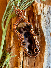 Load image into Gallery viewer, Artisan cab (positive rocks) dendritic agate with tiger eye + hematite gem accents wire wrapped pendant necklace
